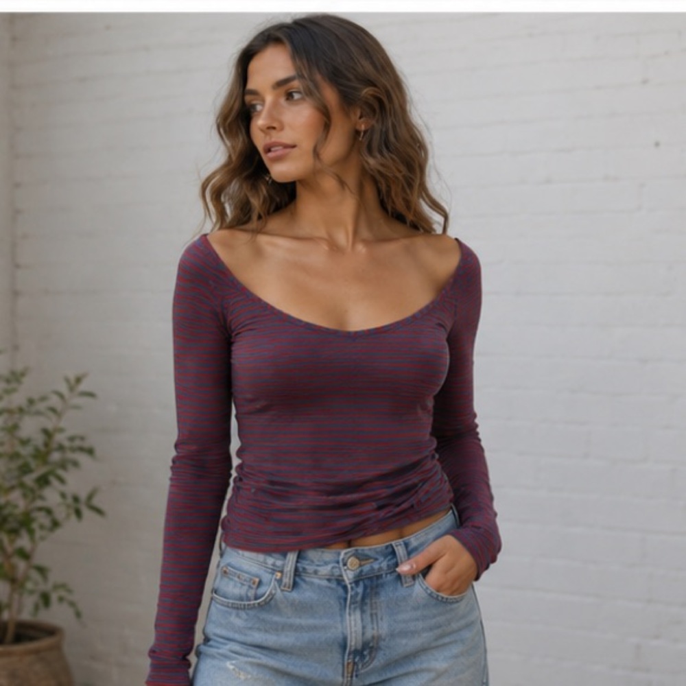 Urban Outfitters BDG red and blue horizontal striped long sleeve scoop neck top